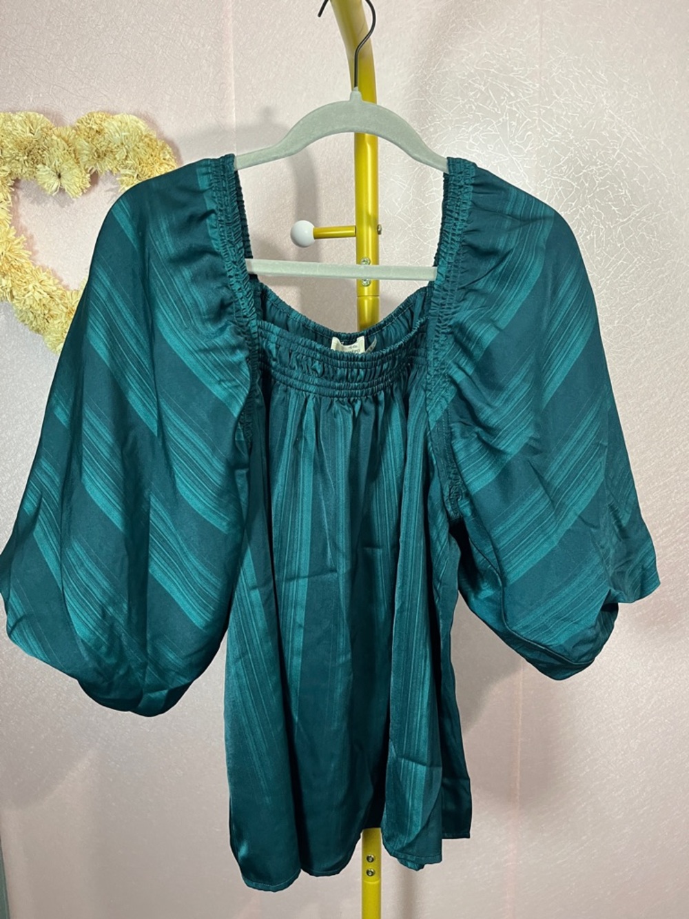 Entro Teal Striped Puff-Sleeve Smocked-Neck Blouse